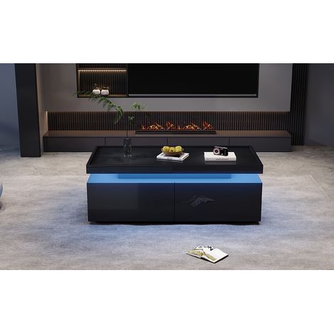 Table basse 95  45  35 cm, table de salon avec LED, table basse avec 2 tiroirs, table basse haute brillance, table moderne minimaliste, table d’appoint au design géométrique, noire