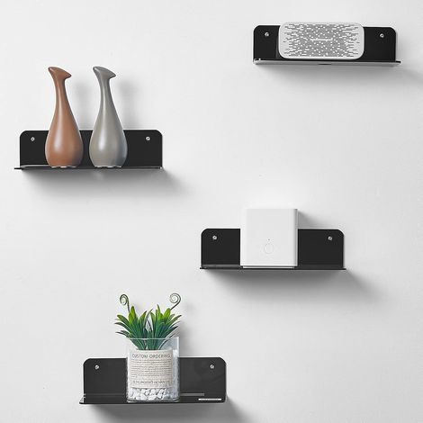 Lot de 4 étagères murales noires pour chambre, salle de bain, cuisine, salon, bureau avec agrafe métallique (1/5)