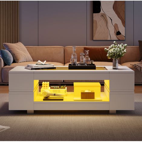 Mesa de centro LED 100 x 50 x 35 cm con control Bluetooth por app, blanca DESVIAE (1/5)