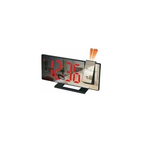 Réveil lumineux à projection 180° – Écran miroir LED – Port USB – 4 niveaux de luminosité – Alimentation par câble USB – Noir avec texte rouge
