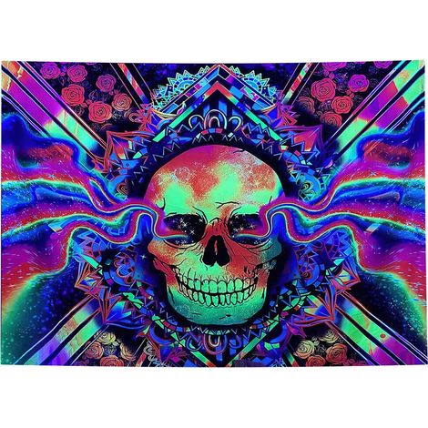 Tapiz fluorescente reflectante para decoraci贸n de paredes con pintura UV, 150x150cm, dise帽o de calavera. (1/5)