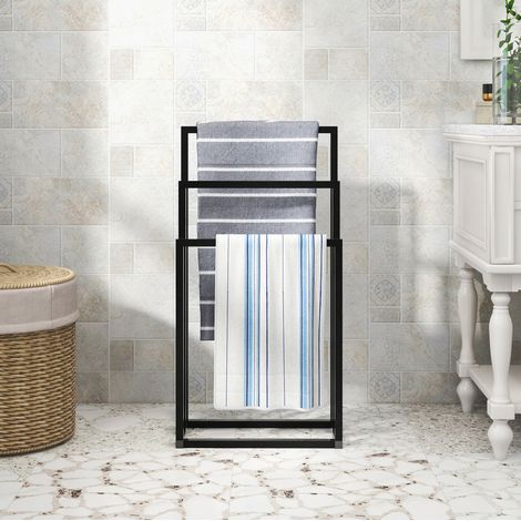 Porte-serviettes sur pied 3 niveaux, 45 x 22 x 86 cm, métal noir, pour salle de bain (1/5)