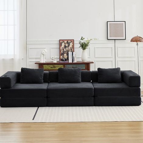 Canapé-lit convertible 300 cm velours côtelé – 2 porte-gobelets, 3 coussins,Noir (1/5)