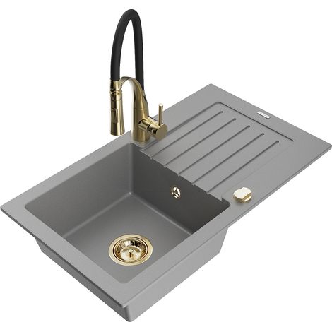 Mexen Pablo fregadero de granito de 1 cuenca con escurridor y grifo de cocina Aster, gris - 6510-71-73450-57-G (1/5)