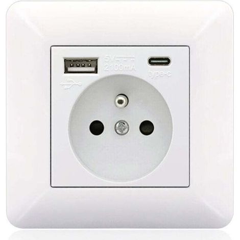 Panel de enchufes tipo 86 francés Type-C+USB16A, número de enchufes: 2 orificios, número de puertos USB: 1, número de puertos Type-C: 1, seguro y firme (arco blanco)