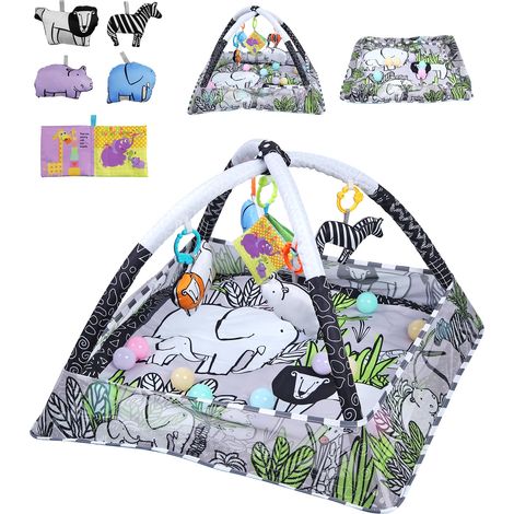 Tapis d'Éveil Bébé 77x77cm avec 5 Jouets Sensoriels Détachables Boules Tapis de Jeu Amovible Lavable Multifonctionnel 7 en 1 pour Bébé 0-18 Mois avec Clôture en Maille Développement Cognitif (1/5)