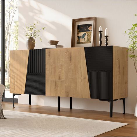 MODFU – Credenza 160x40x80 cm con 4 ante, 3 cassetti, ripiani regolabili e piedini in metallo per salotto o sala da pranzo – Naturale/nero (1/5)