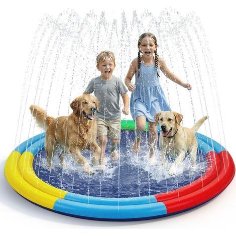 Grand tapis d'arrosage pour enfants et chiens, 198,1 cm avec deux tubes de pulvérisation, tapis de jeu épais antidérapant pour jardin, jouets aquatiques d'été pour tout-petits et famille (1/5)