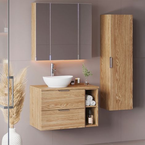 Ensemble meuble simple vasque 80cm 2 niches et colonne Astrid Bois (1/5)