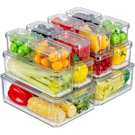 Lot de 14 organisateurs de réfrigérateur, boîtes de rangement empilables avec couvercles, boîte transparente pour fruits (1/5)
