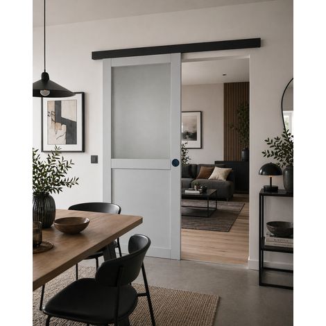 Porta Scorrevole in Vetro Athena RAL7035 H204 x L73 + Binario in Alluminio Nero e 2 Gusci Neri