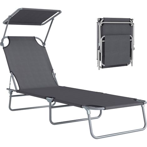 Transat Bain de Soleil Pliable Chaise Longue Pliante Grand Confort Dossier Inclinable Multi-Positions et Pare-Soleil Réglable 187L x 58l x 36H cm Gris (1/5)