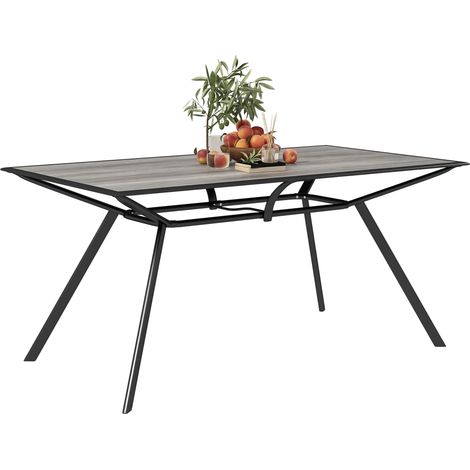 Mesa de comedor exterior con tablero de imitación madera para 6 personas con estructura de acero, 160x90x73 cm, color gris (1/5)