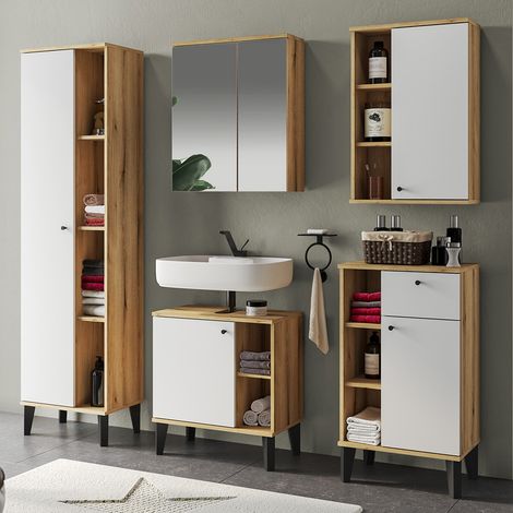 Badmöbel-Set 5-teilig mit Waschbeckenunterschrank 60 cm, Spiegelschrank, in Eiche mit weiß OLEAN-61 (1/5)