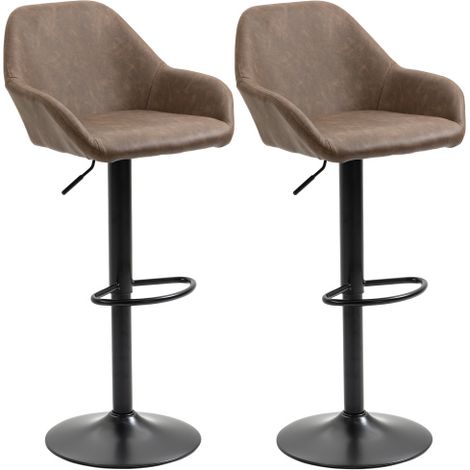 Set of 2 Height Adjustable Swivel Bar Stools in Dark Brown PU Leather with Backrests,Armrests,and Footrests for Kitchen,Dining Room,and Counter Use