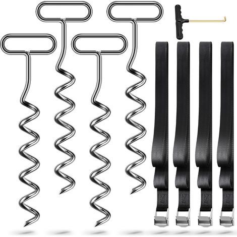 Kit d'ancrage au Sol 4 pièces pour Trampoline, balançoire, Chevilles d'ancrage en Spirale avec Sangles, Ancres de Trampoline, Chevilles d'ancrage en Acier (1/5)