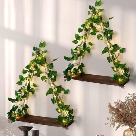 Set di 2 mensole sospese in macramè con edera artificiale e striscia LED, mensole galleggianti in legno da parete, decorazioni murali in macramè, mensole per bambini, mensole per camera da letto e sog (1/4)