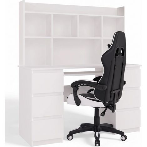 Set: scrivania per computer con ripiano sopraelevato e sedia gaming con schienale reclinabile, Bianco opaco / Bianco-Nero, 130 x 51 x 146 cm (1/5)
