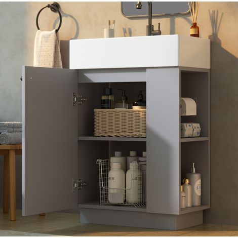 Mueble de baño de 55 cm con lavabo de cerámica, espacio de almacenamiento, puerta con cierre suave, MDF gris con textura ondulada. (1/5)