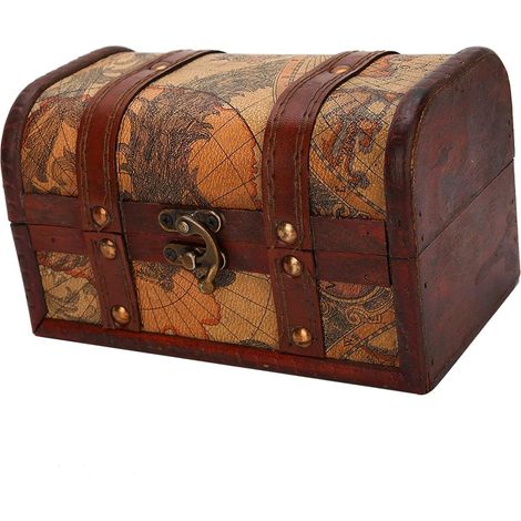 Vintage Handmade Wooden Jewelry Storage Box - European Treasure Chest with Map Design - Ideal for Storing Rings, Bracelets and (1/5)