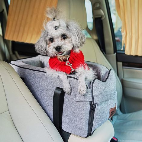 Siège de voiture pour chiens de petite taille, siège rehausseur de voiture amovible et lavable pour petits animaux jusqu'à 6.1 kg, console centrale, chiens et chats, maison, voyage (gris) (1/5)