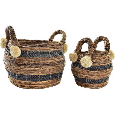 Panier déco fibre marron et noir avec poignées et pompons - Marron naturel et noir avec pompons beige (1/3)
