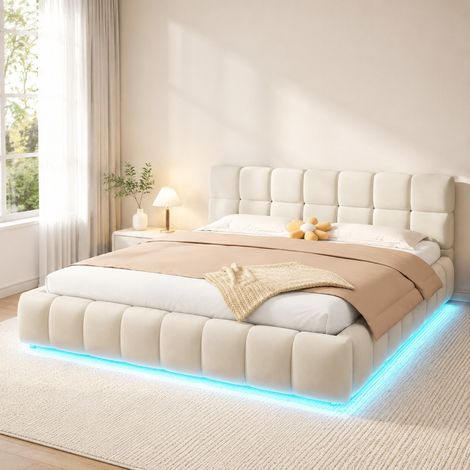 Polsterbett 180x200 cm Beige in Samt mit LED-Beleuchtung und hydraulischem Stauraum (1/5)