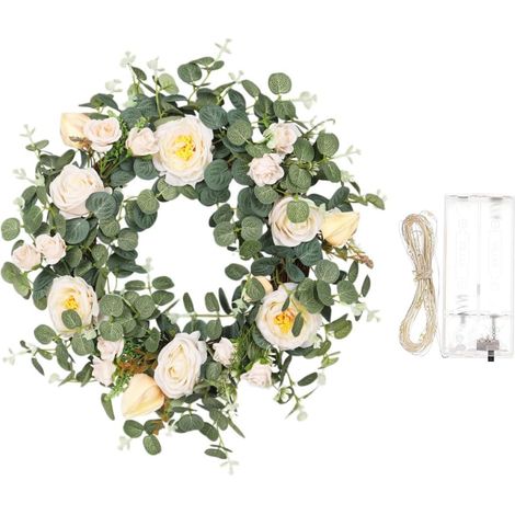 Couronne Artificielle de Camélias à Suspendre Feuilles Vertes, Guirlande Lumineuse Intégrée, Décoration Murale et Porte D'entrée pour Fêtes et Intérieur, Accessoire Solide (1/5)
