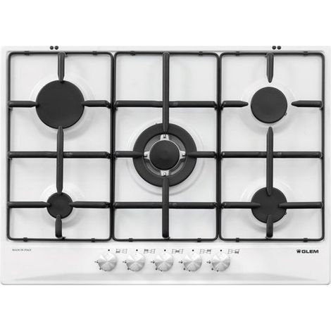 Glem Gas GT755WH. Colore del prodotto: Bianco, Posizionamento dell'apparecchio: Da incasso, Dimensione della larghezza del piano cottura: 70 cm. Bruciatore piccolo: 1000 W, Bruciatore medio: 1750 W... (1/3)
