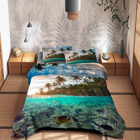 Completo Letto Lenzuola 100% Cotone Set Lenzuolo Moderno Sotto Sopra Federe Due Stampe In Altissima Definizione Dis3MaredeiTropici - Matrimoniale (1/4)
