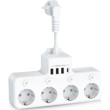 8-in-1-Steckdosenleiste mit 4 Standardsteckdosen + 4 USB-Anschlüssen (5 V/3 A und 5 V/2,4 A), Einzelschaltern, 3680 W, weiß