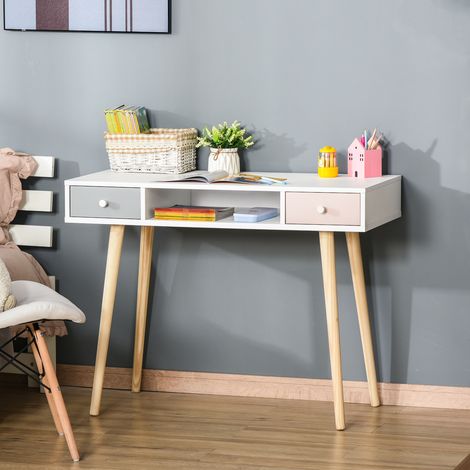 Scrivania per bambini in stile scandinavo con cassetto e vano portaoggetti, 100L x 48W x 76,5H cm, MDF e pino, bianco, grigio e rosa