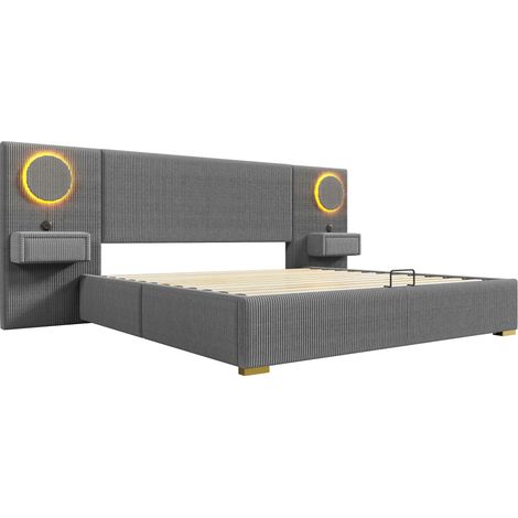 Polsterbett 180x200 cm aus grauem Samt mit LED-Kopfteil, USB-Anschlüssen und Stauraum (1/5)