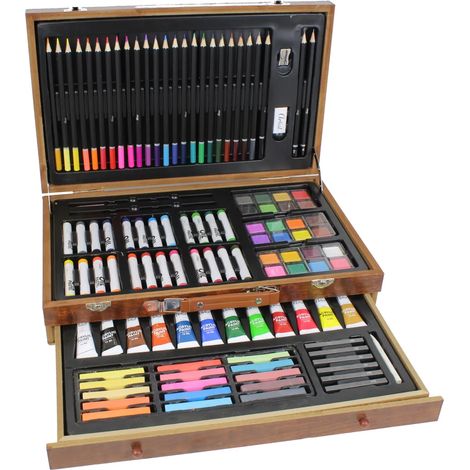 Coffret d'art HAGO24 de 112 pièces, coffret en bois, comprenant crayons de couleur, peintures acryliques, pastels à l'huile et aquarelles – accessoires pour débutants, artistes amateurs et confirmés – (1/3)