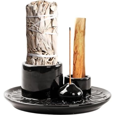 Vegena Porte-Encens 4 en 1 Bol D'encens Brûleur D'encens Porte Encens en Céramique Support Palo Santo Plateau en Céramique Bruleur Encens Support pour Bâtons D'encens pour Le Méditation, Yoga Noir (1/5)