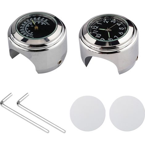 Horloge universelle de guidon de moto, thermomètre de vélo étanche de remplacement pour motos vélos 22 mm-25,4 mm7/8 ''- 1'' guidon coque argentée cadran noir + (1/5)