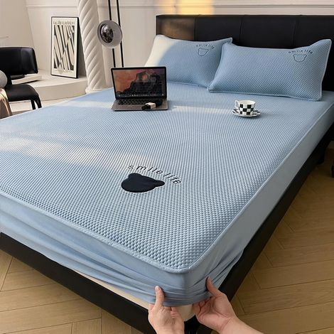 Protège-matelas rafraîchissant CYOUKEIS, drap-housse, été, surmatelas, sensation de fraîcheur, évacuation de l'humidité, lavable, simple, demi-double (bleu) (1/5)