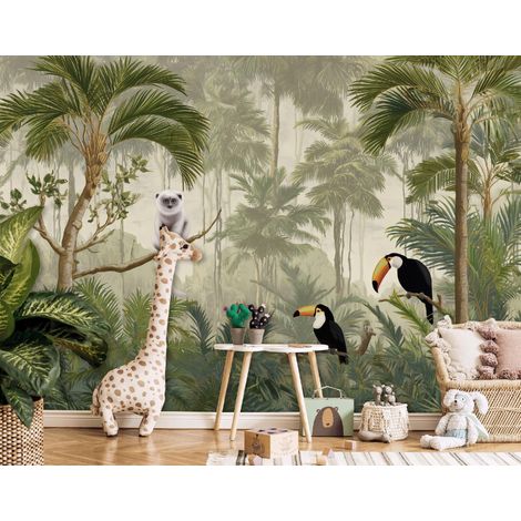 Fototapete Dschungel Vögel Palmen, für Kinderzimmer, 150 x 105 cm – Komplettset inkl. Kleister & Anleitung (1/5)