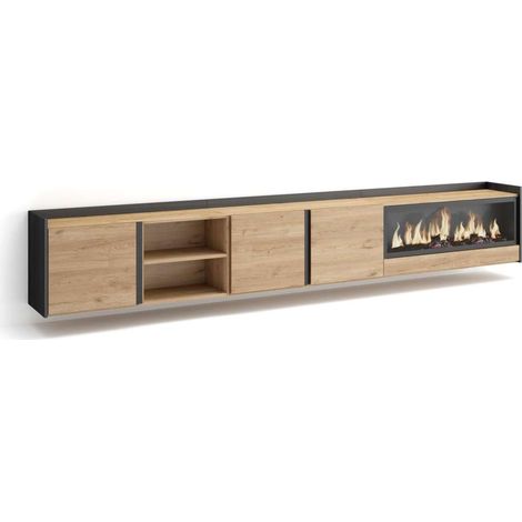 Mueble TV Benamargosa-02 de 315x50x35 cm con chimenea y luces LED, suspendido, color roble y negro (1/4)