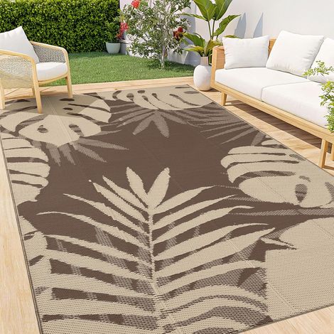 Tapis d'extérieur résistant aux intempéries, en plastique, pliable, lavable, résistant aux UV, réversible, pour balcon, jardin, terrasse, camping, pique-nique, 120 x 180 cm, beige et marron (1/5)