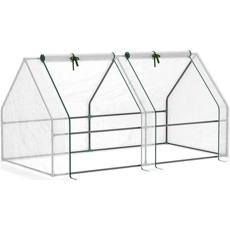 Mini-Gartengewächshaus, Tunnelgewächshaus, 180 x 90 x 90 cm (L x B x H), Spitzdach, Stahl, hochdichtes PE (140 g/m²), UV-beständig, 2 aufrollbare Fenster mit Reißverschluss, Weiß