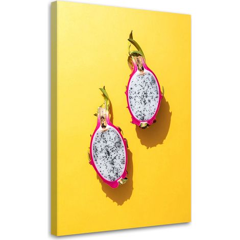 Quadro su tela, Frutto del drago a fette su uno sfondo giallo brillante - 40x60 (1/2)