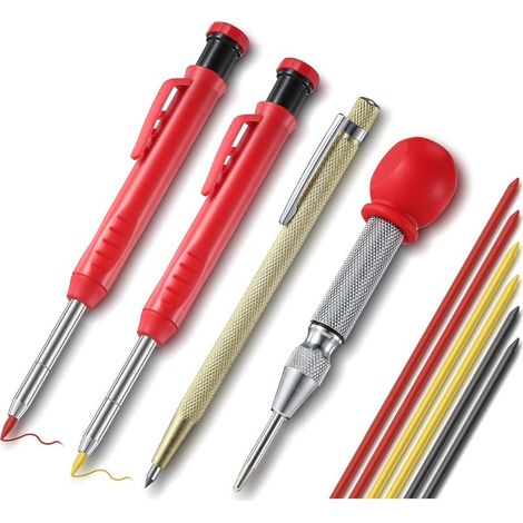Set aus 2 Zimmermannsbleistiften für Bauarbeiten mit 6 Minen, Hartmetall-Markierwerkzeug und automatischem Zentrierwerkzeug für Architektur- und Zimmererarbeiten (1/5)