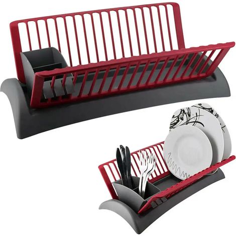 Scolapiatti Cola Piatti in Plastica con Scola Posate Cucina 46x26x14cm Rosso