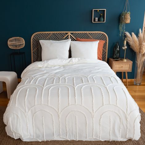 Parure de lit coton lavé tufté motifs arches rétro 2 places blanc. 1 housse + 2 taies 63x63cm 240 x 220 cm