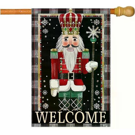 Drapeau de jardin « Joyeux Noël » double face 30 x 45 cm, motif Casse-Noisette et couronne, polyester résistant pour une utilisation extérieure pendant les fêtes. (1/5)