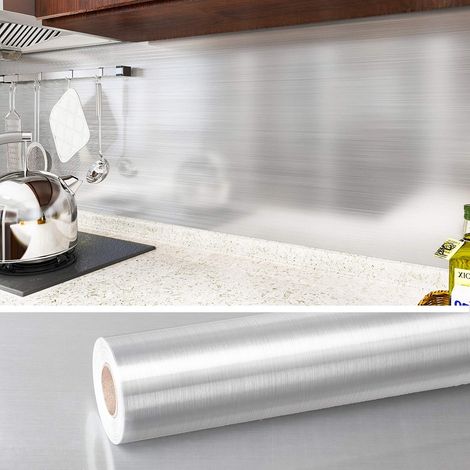 Aluminum Rouleau de Vinyle Auto-adhésif pour Meubles Amovible Papier Peint Effet Métal Argenté étanche pour Dosseret de Cuisine Armoire de Comptoir Résistant à l'huile 40cm x 1800cm (1/5)