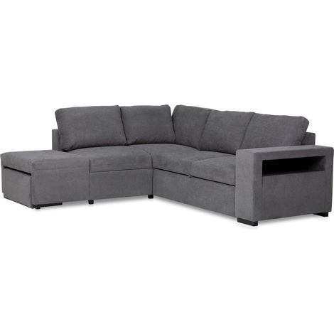 Sofá Cama Romeo Chaiselongue con Arcón, Puf y Estante Estilo Moderno Color Gris Oscuro 249 cm (1/5)