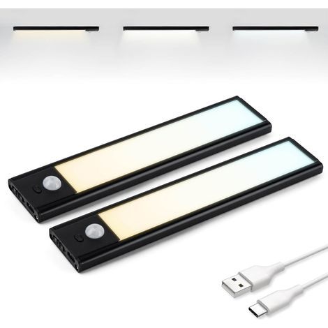 Réglette Led Armoire Detecteur Mouvement, Reglette Led Rechargeable USB-C, 3 Températures de Couleur, Led Dressing, Lampe de Placard, Dimmables, Bande Magnétique pour Armoires, Couloirs, 2 x 20cm (1/5)