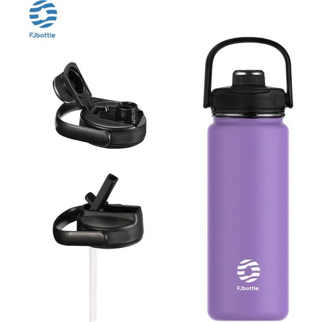Bouteille d'eau isotherme en acier inoxydable (violette, 1200 ml) avec poignée, bouchon et paille. (1/3)